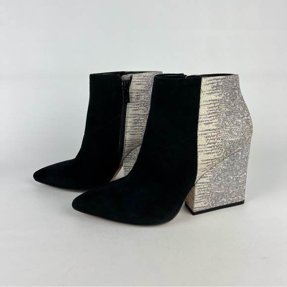 Loeffler Randall Lia Black Ivory Suede Snake Print Block Heel Bootie 6 - Picture 3 of 16